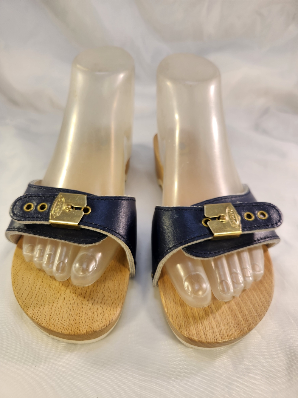 VTG DR. SCHOLL'S THE ORIGINAL ITALIAN WOODEN SLIDES SANDALS BLUE LEATHER SIZE 7